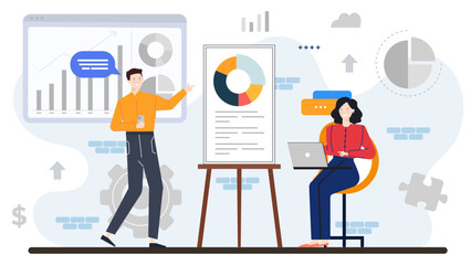Man presenting a chart to a woman, discussing business data or project progress. Suitable for presentations, marketing materials, and financial reports.
