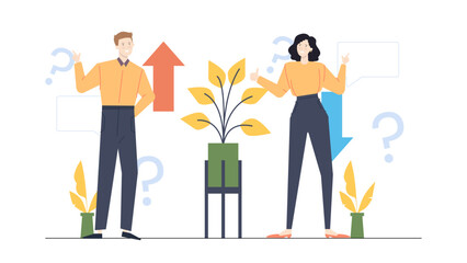 Two people holding plants and question marks, suitable for gardening and environmental concepts design projects and educational materials.