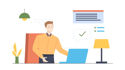 Man smiling in a chair with laptop, suitable for technology blogs, remote work, business presentations, work from home concepts.