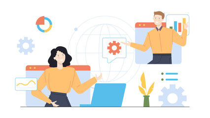 Woman and man discussing settings in online meeting. Suitable for remote work, virtual collaboration, technology concepts, digital communication presentations.