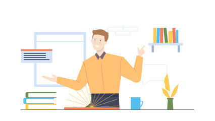 Man pointing at colorful books; ideal for book lovers, libraries, education, and literacy related themes in design projects or marketing materials.