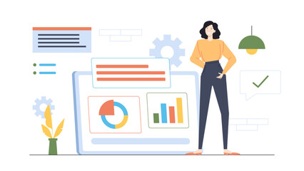 Creative businesswoman analyzing charts on computer screen, suitable for financial statistics presentation in business and technology concepts.