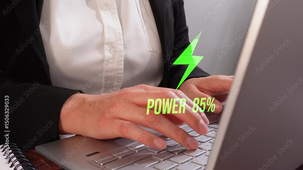 Poster progress fill animation with a percentage counter of a lightning bolt icon, with a woman working on 