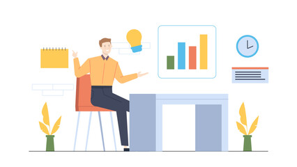 The image shows a man at a desk with a lightbulb bar chart notepad and clock. Ideal for business and creativity concepts.