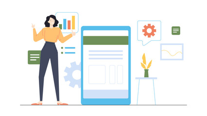 Woman pointing to a phone and a plant on a table. Suitable for technology or nature blog or advertisement graphics.