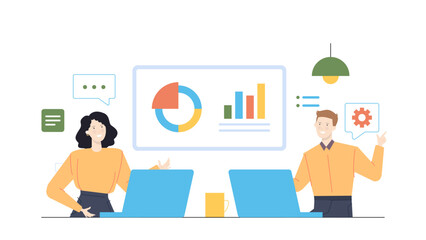 Two people working on laptops in front of a whiteboard with charts and graphs. Suitable for business presentations, teamwork concepts.