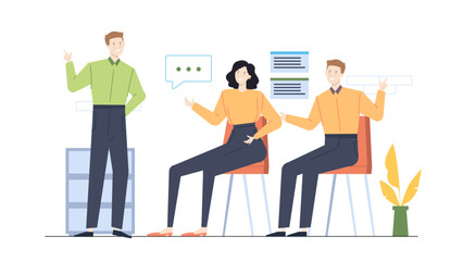 Three people engage in a discussion in an office, suitable for business presentations, websites, articles, and communication related designs.