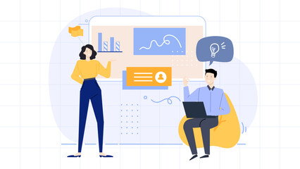 Two people discussing a presentation with a graph and a lightbulb. Perfect for business meetings, strategy discussions, brainstorming concepts.