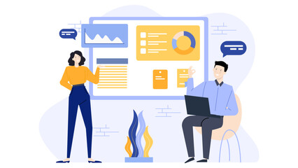 Two people are presenting data on a whiteboard. Suitable for education, business, teamwork, presentations, collaboration concepts in design projects.