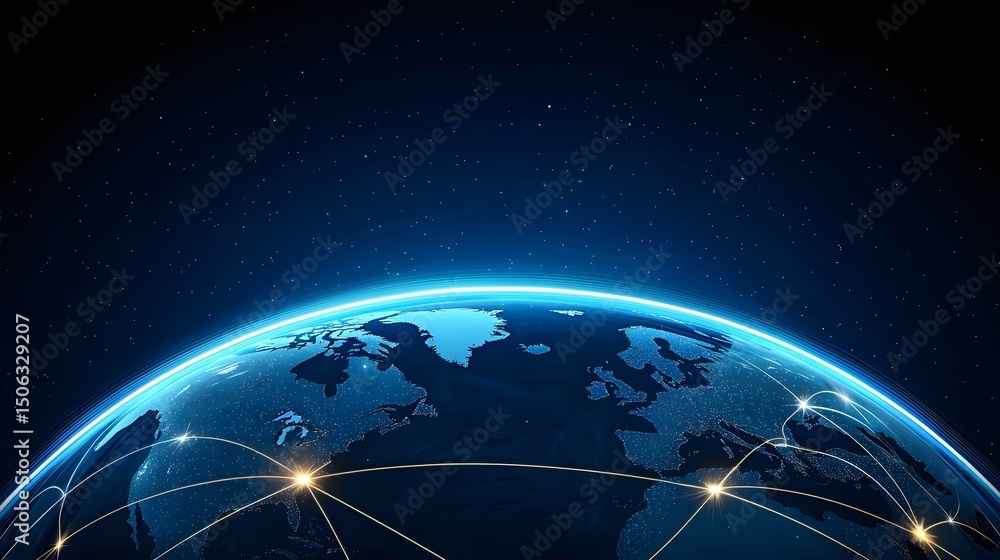 Poster the image shows a stylized depiction of planet earth at night, with glowing lines connecting various