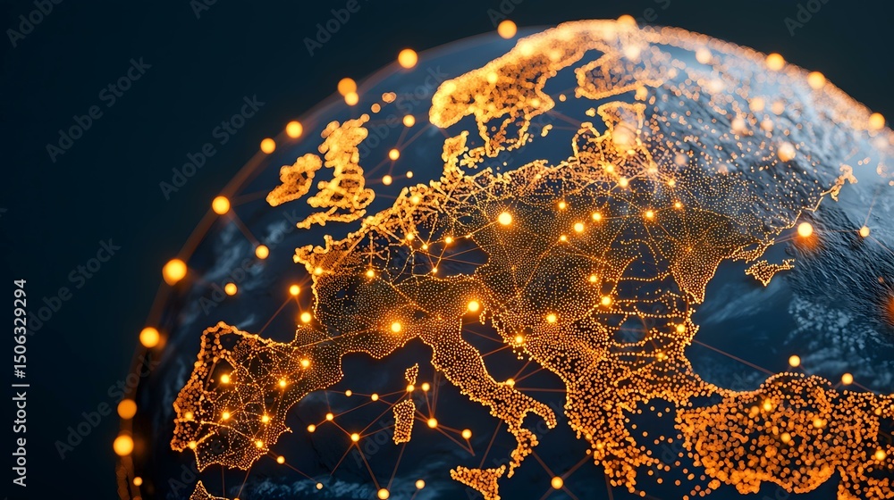 Aufkleber a stylized image of the earth, with europe highlighted by a network of glowing nodes and connections