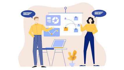 Two people discussing a presentation on a whiteboard, suitable for business meetings, team collaboration, strategy planning, brainstorming sessions.