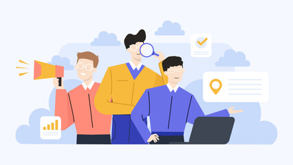 Three men strategizing with a megaphone, magnifying glass, and laptop. Perfect for business, communication, teamwork, and technology concepts.