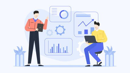 Two men analyzing charts and graphs together. Suitable for business and finance presentations, teamwork concepts, and data analysis visuals.
