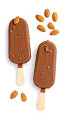 Obraz premium Chocolate almond ice cream bars on white background with summer treat top view.