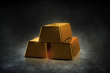 Stack of shiny gold bars on dark background