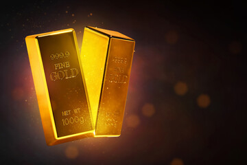 Shiny gold bars with magic glitter sparkle effect on dark background