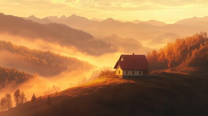Fototapeta premium Serene Sunrise Over a Tranquil Mountain Landscape Featuring a Cozy House Nestled Among Rolling Hills and Misty Valleys Illuminated by Golden Light