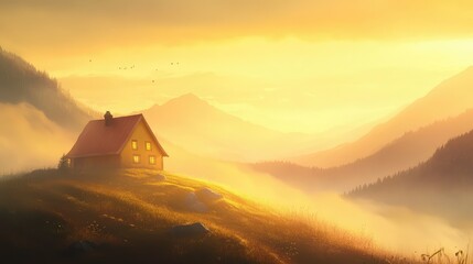 Serene Sunset Over a Cozy Cabin in the Mountains with Soft Mist and Golden Light Illuminating the Natural Landscape in a Picturesque Setting