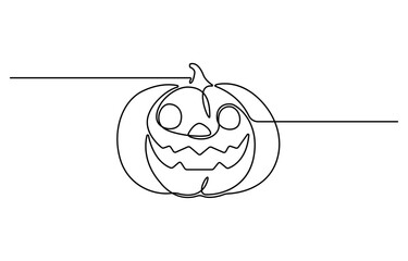 Halloween Pumpkin continuous single line drawing design, Halloween pumpkin with carved face in spooky line art style Vector Illustration.