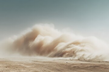A massive sandstorm billows across a flat desert landscape under a pale sky, the sand swirling in dynamic, turbulent formations