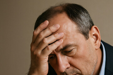 Stressed middle-aged man - Expressive photo of a worried man holding his head, illustrating universal emotional stress, anxiety or personal crisis, no specific context