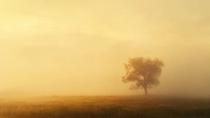Obraz premium Misty Morning Landscape with Isolated Tree Surrounded by Soft Golden Light and Ethereal Fog, Captivating Nature Scene Evoking Tranquility and Serenity