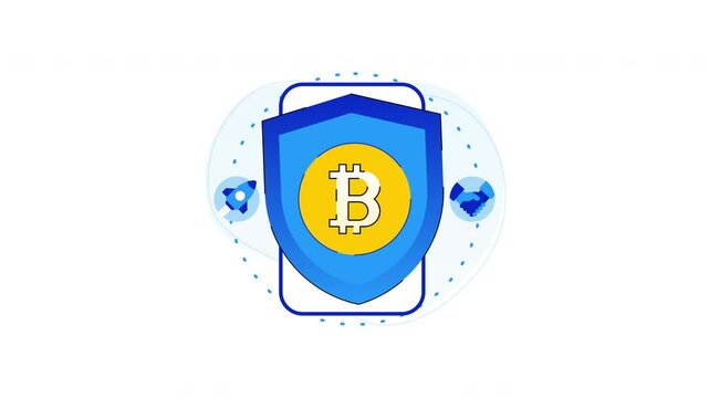 Bitcoin transaction animation vector shield protecting gold symbol. Suitable for finance, cryptocurrency, security concepts in websites, presentations, and ads.