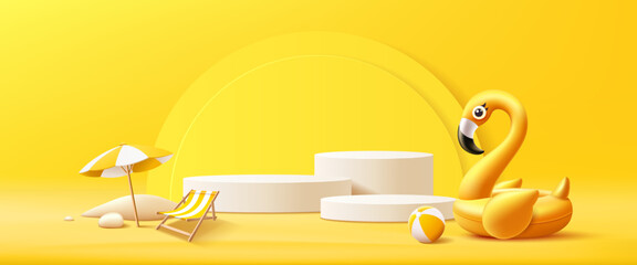 Summer podium display, Yellow flamingo inflatable swimming pool, beach umbrella, pile of sand, beach ball, banner design, on yellow background