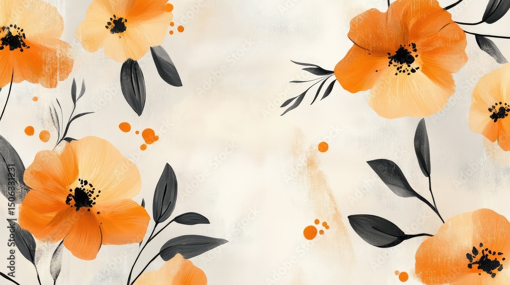 Poster elegant floral pattern with orange poppies and leaves on a soft background ideal for use in invitati
