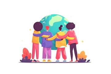 Avatar group lifting globe in pastel tones