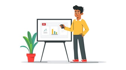 businessman making pitch deck slides with remote in office screen setup