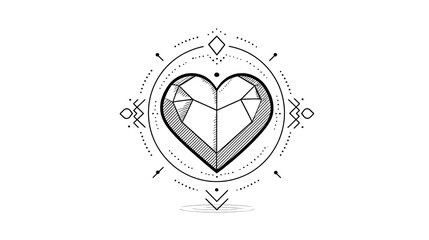One-line drawn heart with geometric designs surrounding it