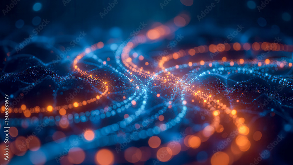 Poster abstract colorful waves with vivid particles and bokeh effects in magical digital space
