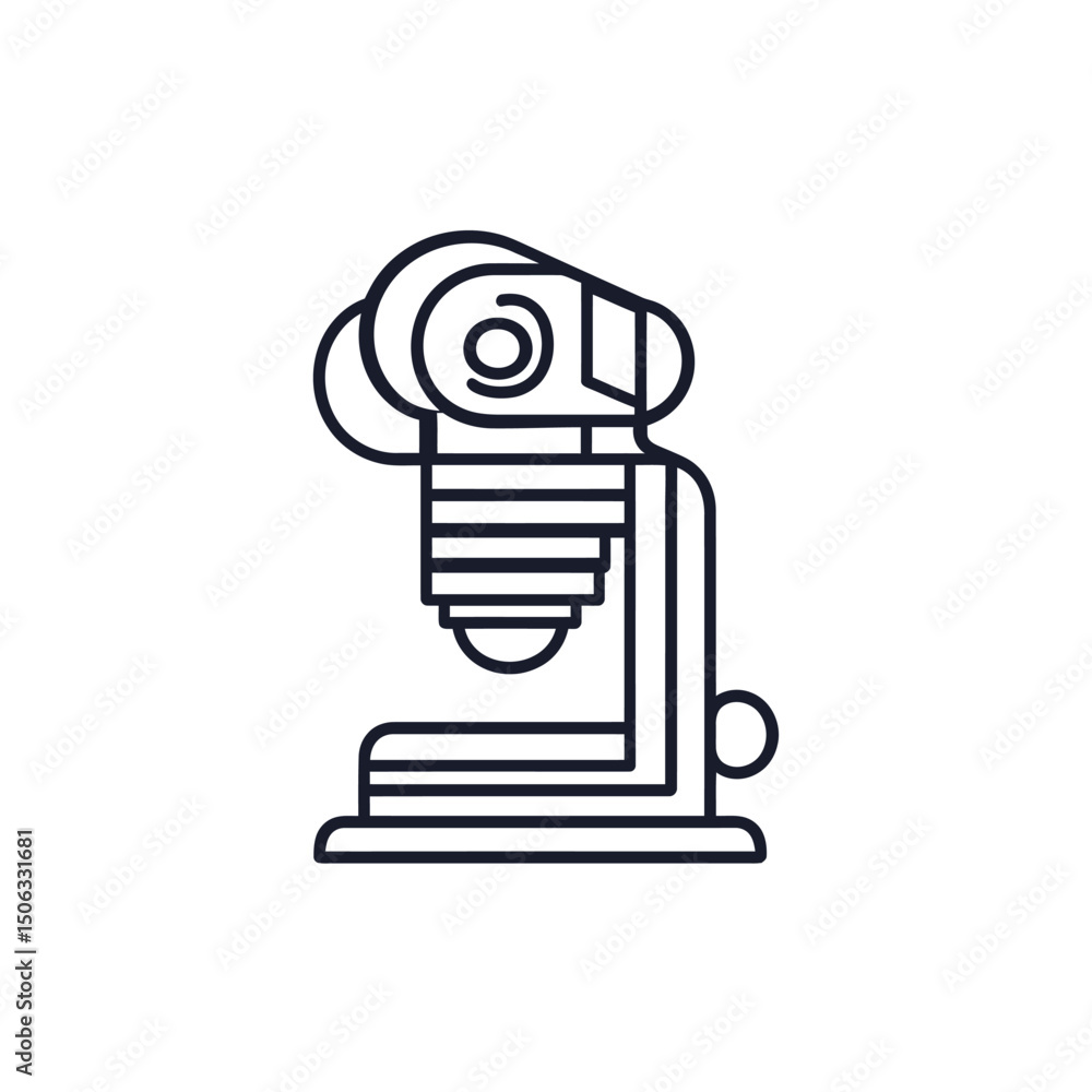 Poster simple black outline depicts a minimal microscope with its unique construction, transparent backgrou