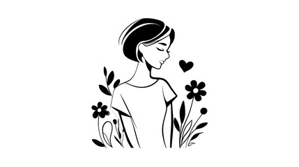 One-line drawing of woman with abstract flowers and heart