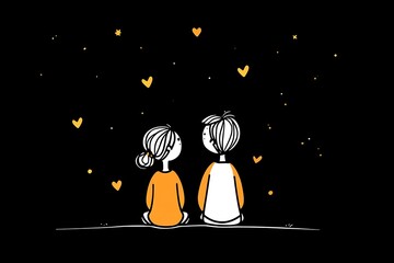 One-line drawn couple sitting under stars with hearts