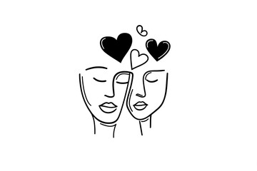 Continuous line art of two faces with love hearts