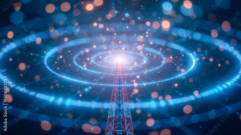 Poster high-technology communication tower with radiating signal waves and glowing bokeh background