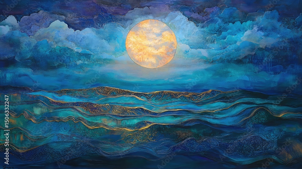 Poster serene ocean waves under a full moon with vibrant blue hues and soft cloud patterns creating a dream