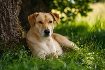 a dog laying in the grass next to a tree