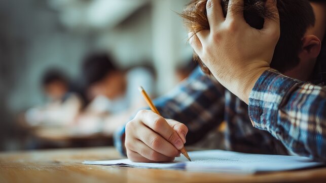 Stressed student hand writing exam answers in classroom setting
