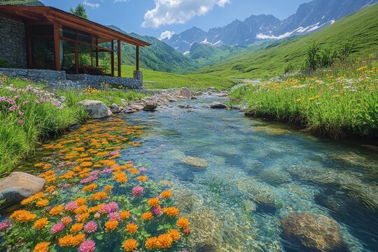 Mountain stream, wildflowers, chalet, sunny day, travel