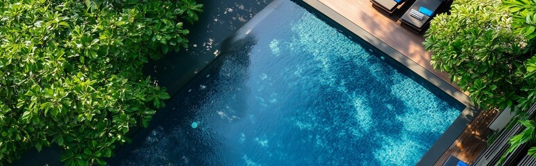 Aerial view of crystal blue swimming pool with natural sunlight, tropical vacation concept, f/5.6 aperture