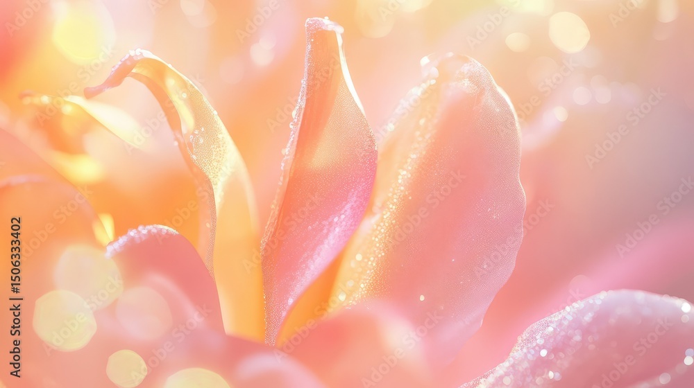 Poster delicate close-up of a flower petal with dew drops glimmering in soft light, creating a dreamy and e