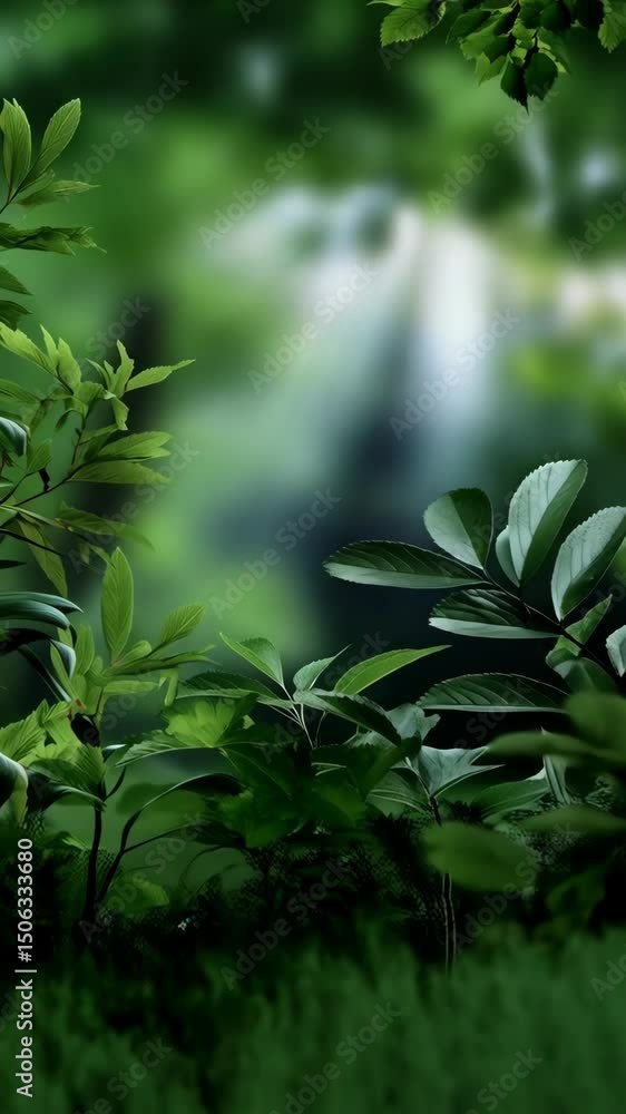 Poster lush green foliage frames a soft, ethereal forest background with gentle light filtering through the