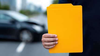 Person holding yellow file folder near parked car outdoor setting, possibly parking lot or street, with blurred background