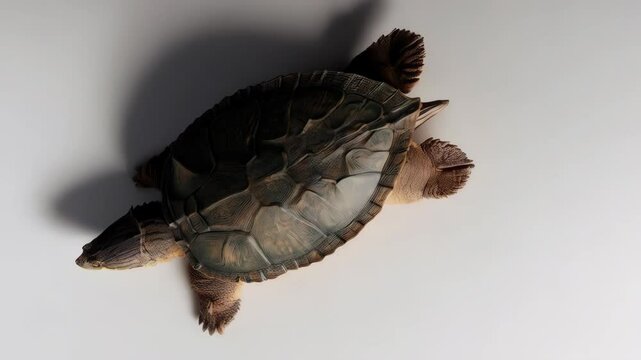 Detailed overhead shot of a large brown Common Snapping Turtle showing intricate shell pattern and textured skin on a plain neutral background.