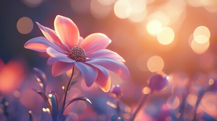 Exquisite Bloom of a Pink Flower in a Soft Focus Garden with Shimmering Bokeh Lights, Capturing the Serenity and Beauty of Nature During Golden Hour
