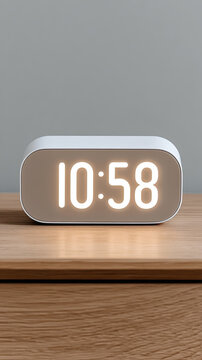 Digital clock showing time 1058 wooden surface with gray background